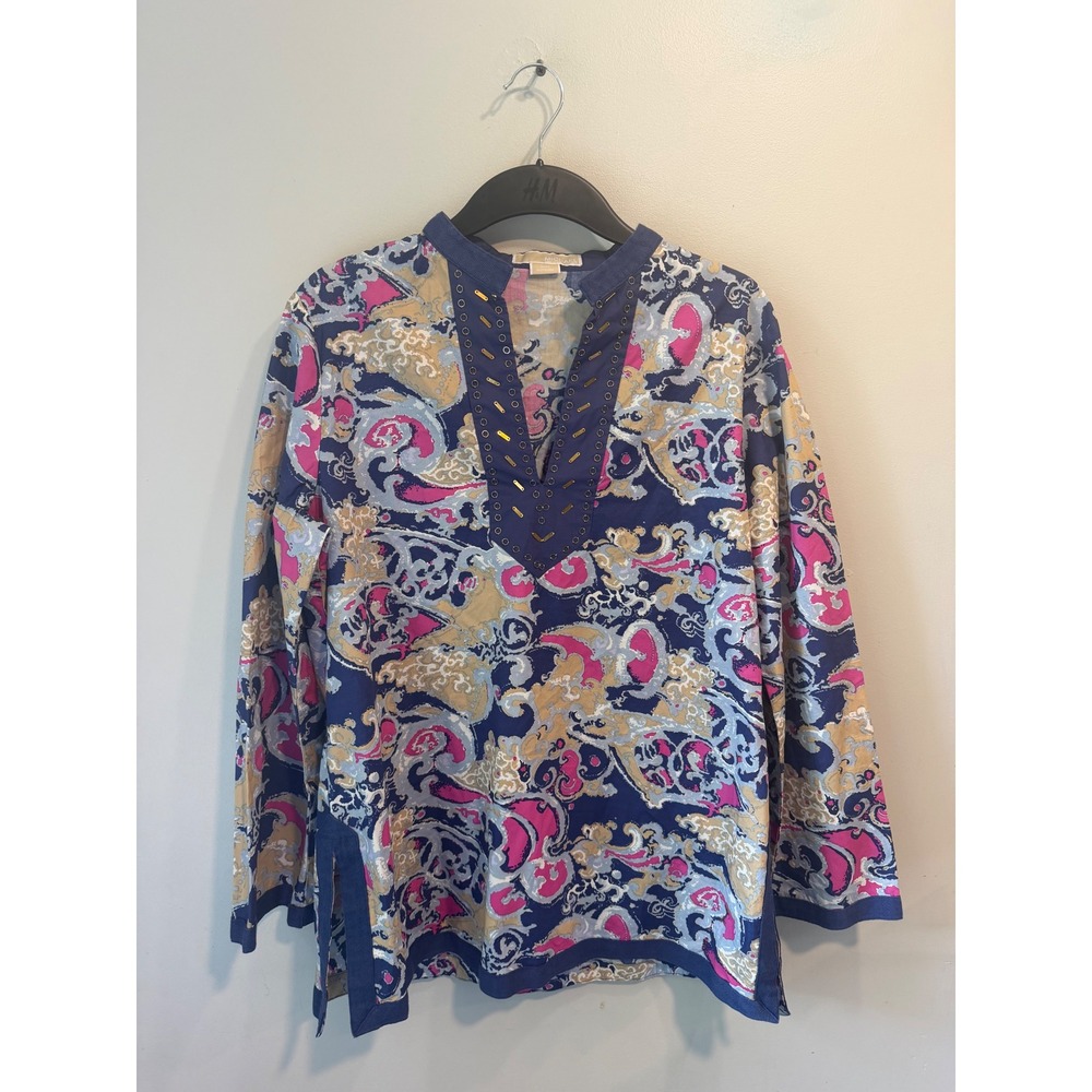 Michael Michael Kors Paisley Tunic XL Blue Pink Gold Grommet Split Neck Blouse